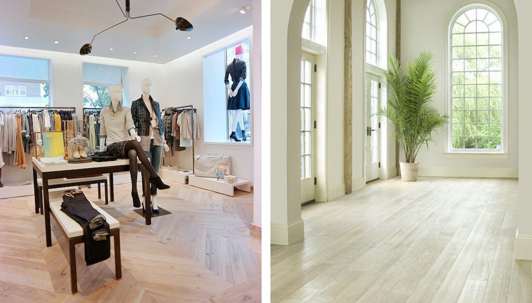 Retail and residential examples of whitewash flooring
