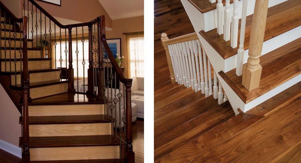 Left: Stair Tread Designs To Match Hardwood flooring from Carlisle Wide Plank Floors Right: Dark Wood Flooring and Stair Treads from Carlisle Wide Plank Floors.