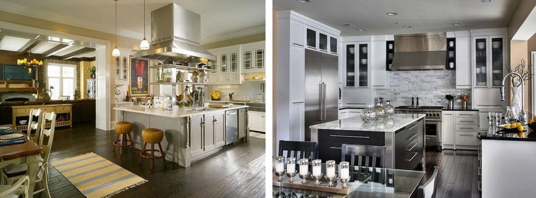 Two Kitchens With Gray Wide Plank Flooring