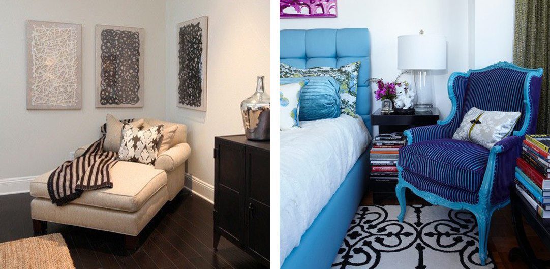 Two examples of chairs tucked into corners