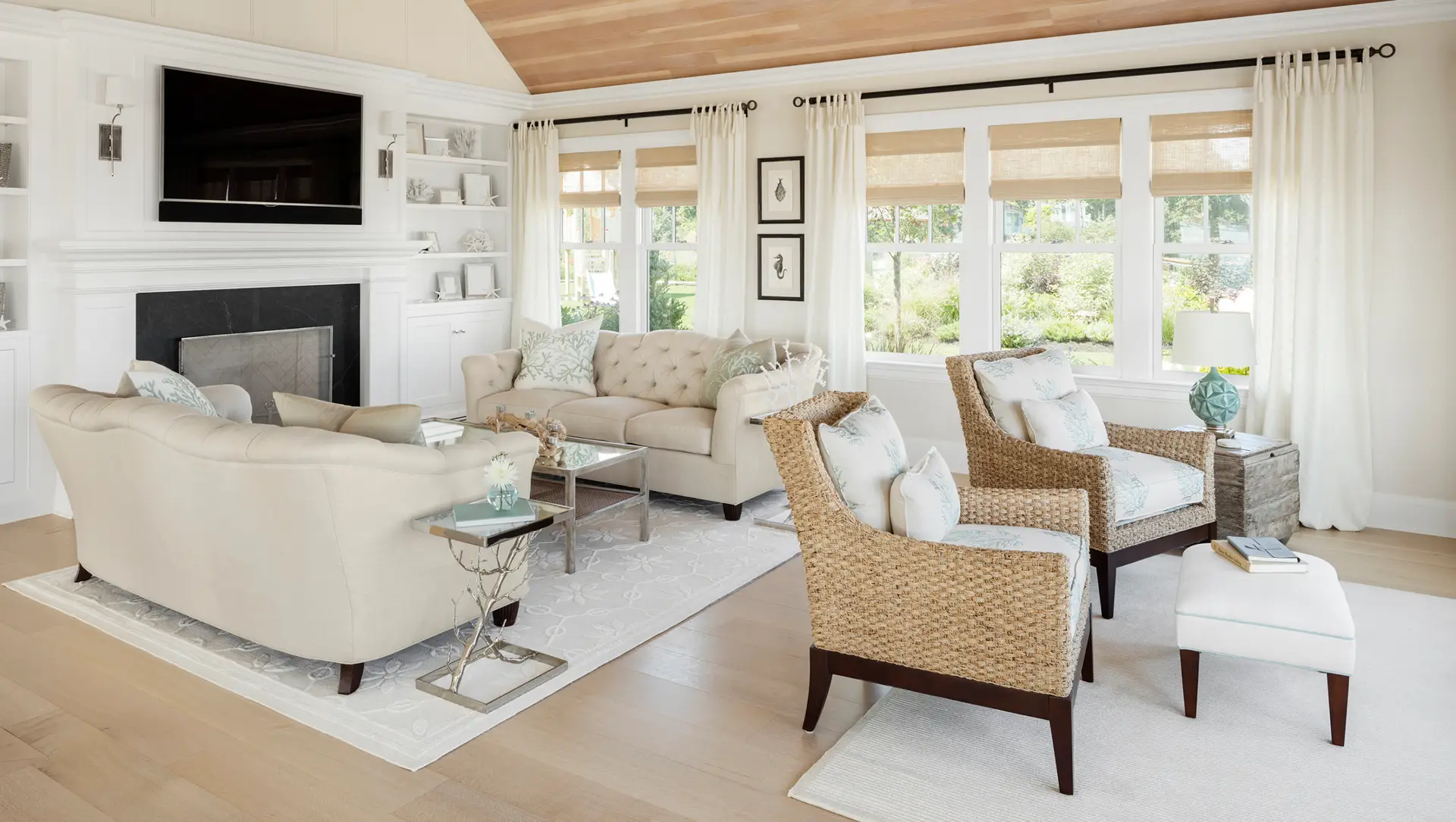 Carlisle Rift & Quartersawn White Oak light hardwood flooring in beach house living room
