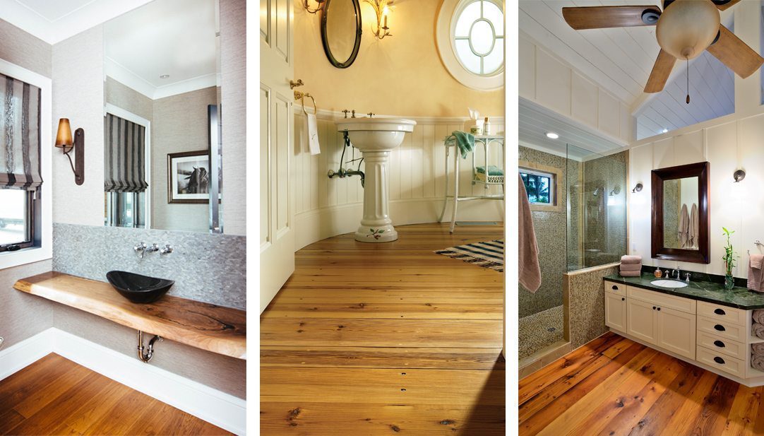 Three bathrooms featuring hardwood flooring