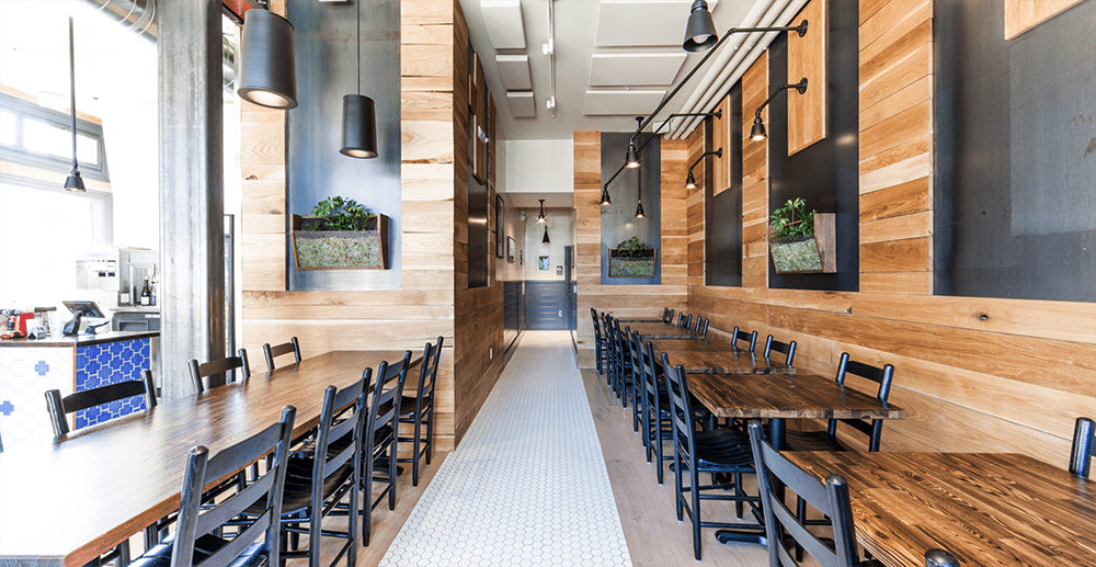 Interior restaurant with Carlisle hardwood, photo by Chris Brigham
