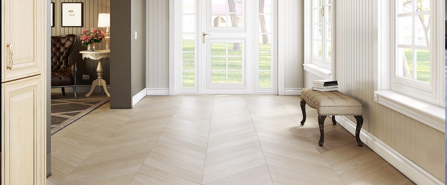 chevron pattern wood floor in hallway