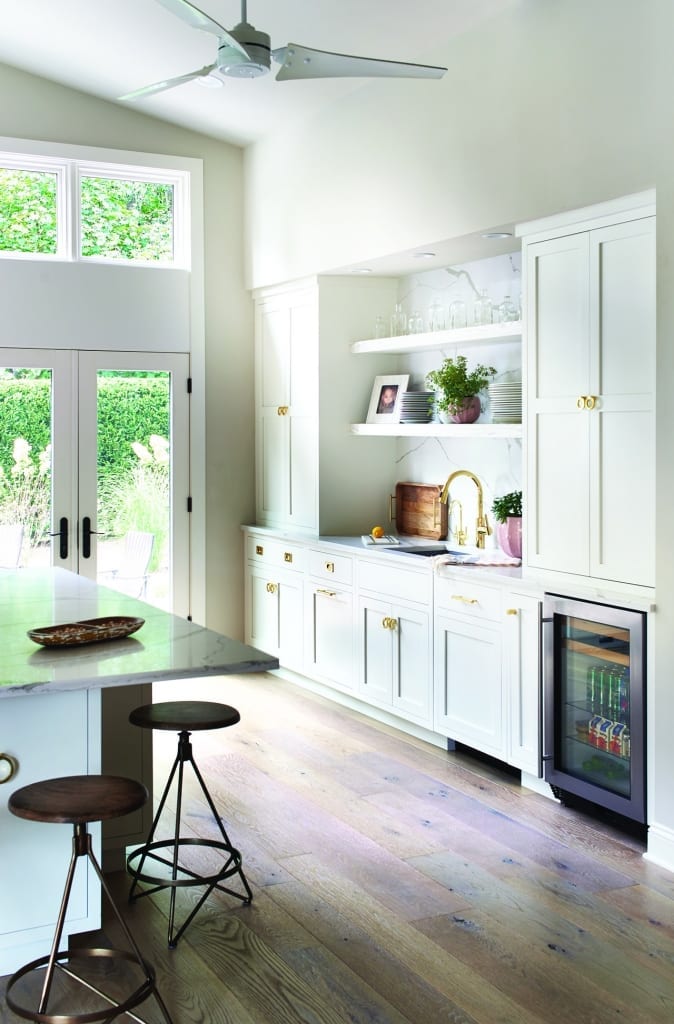 white oak wood floor in white kitchen
