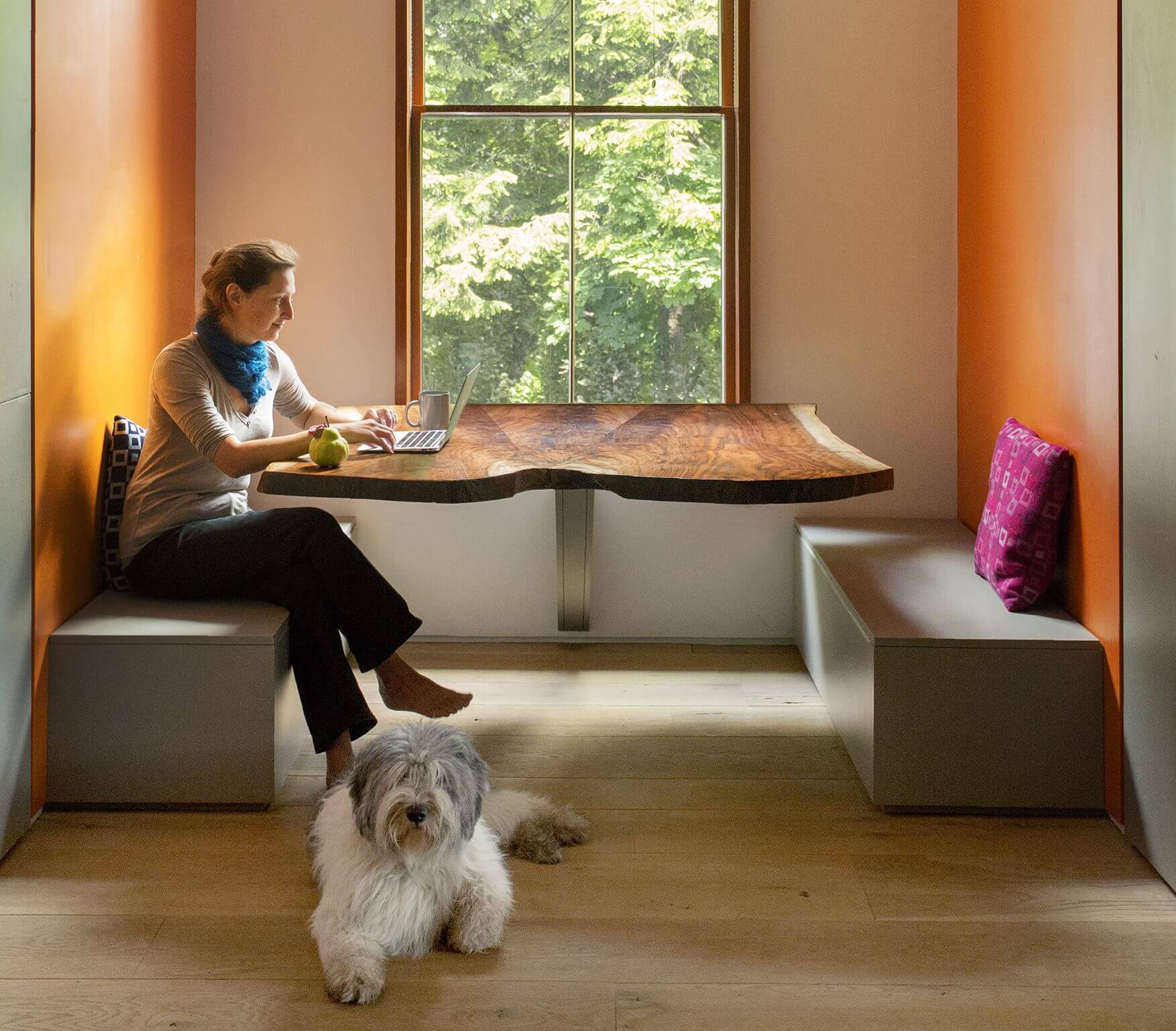 Dog on brushed white oak hardwood floor