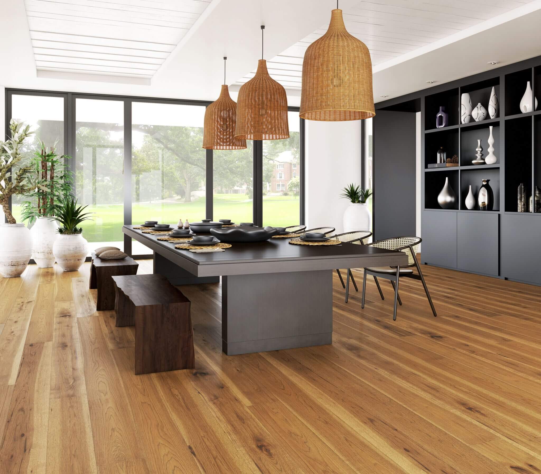 brown flooring in contemporary kitchen