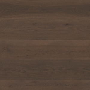 Dark brown wide plank with grain and knots, polished surface.