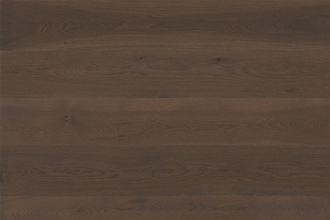 Dark brown wide plank with grain and knots, polished surface.