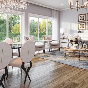 Elegant living-dining room on wide plank floor with chandelier.