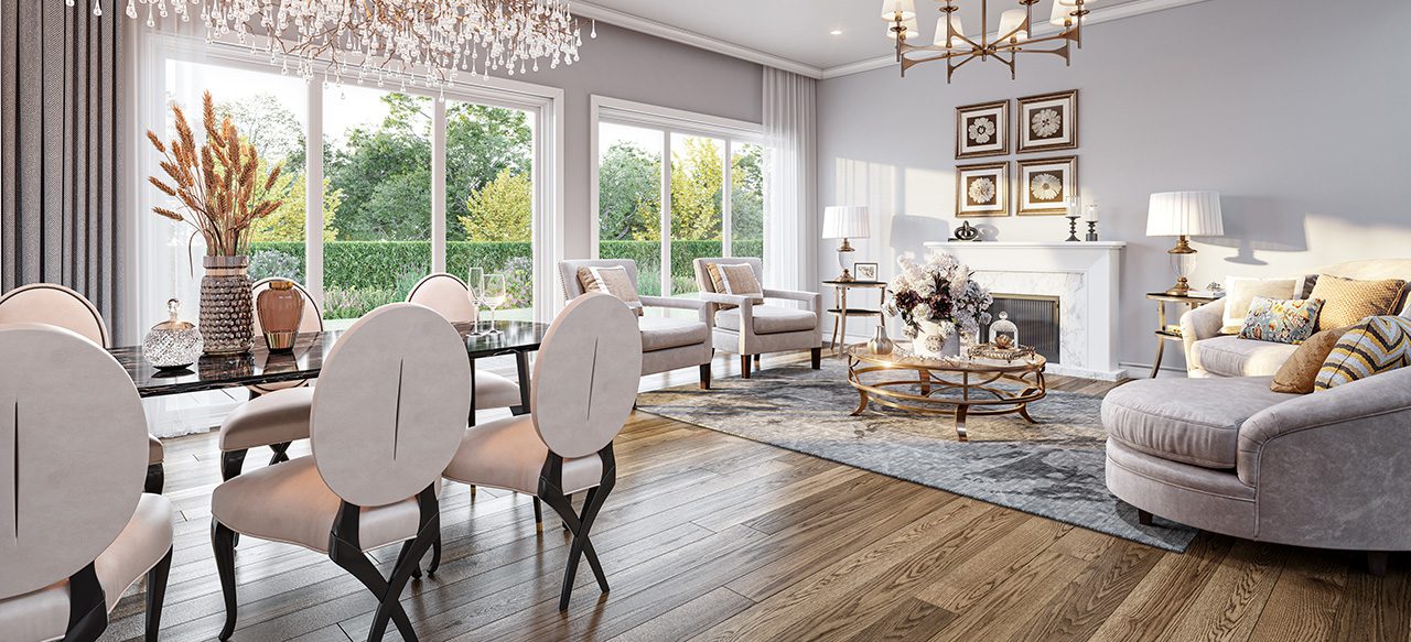 Elegant living-dining room on wide plank floor with chandelier.