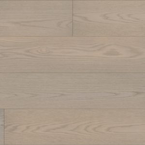 Light gray wide plank flooring with grain, smooth and interlocked.