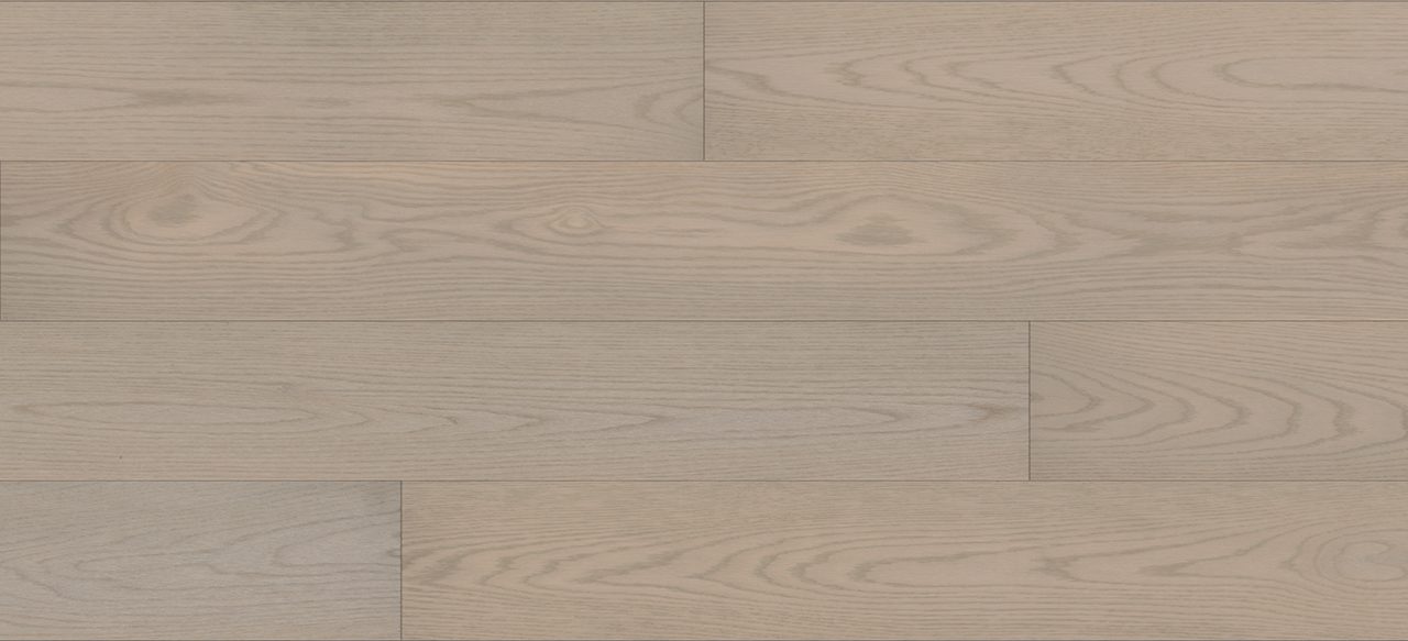 Light gray wide plank flooring with grain, smooth and interlocked.