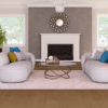 Modern living room with wide plank flooring, curved sofas, large windows.