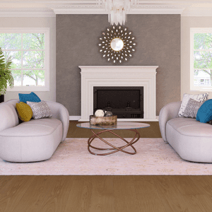 Modern living room with wide plank flooring, curved sofas, large windows.