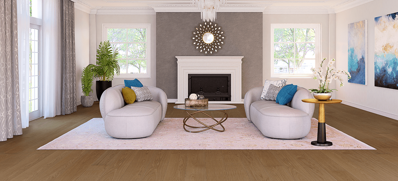 Modern living room with wide plank flooring, curved sofas, large windows.